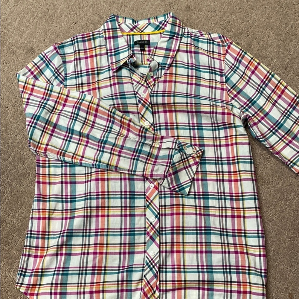 Talbots Women’s Size Large Colorful Plaid Button-Down Shirt Academia Office